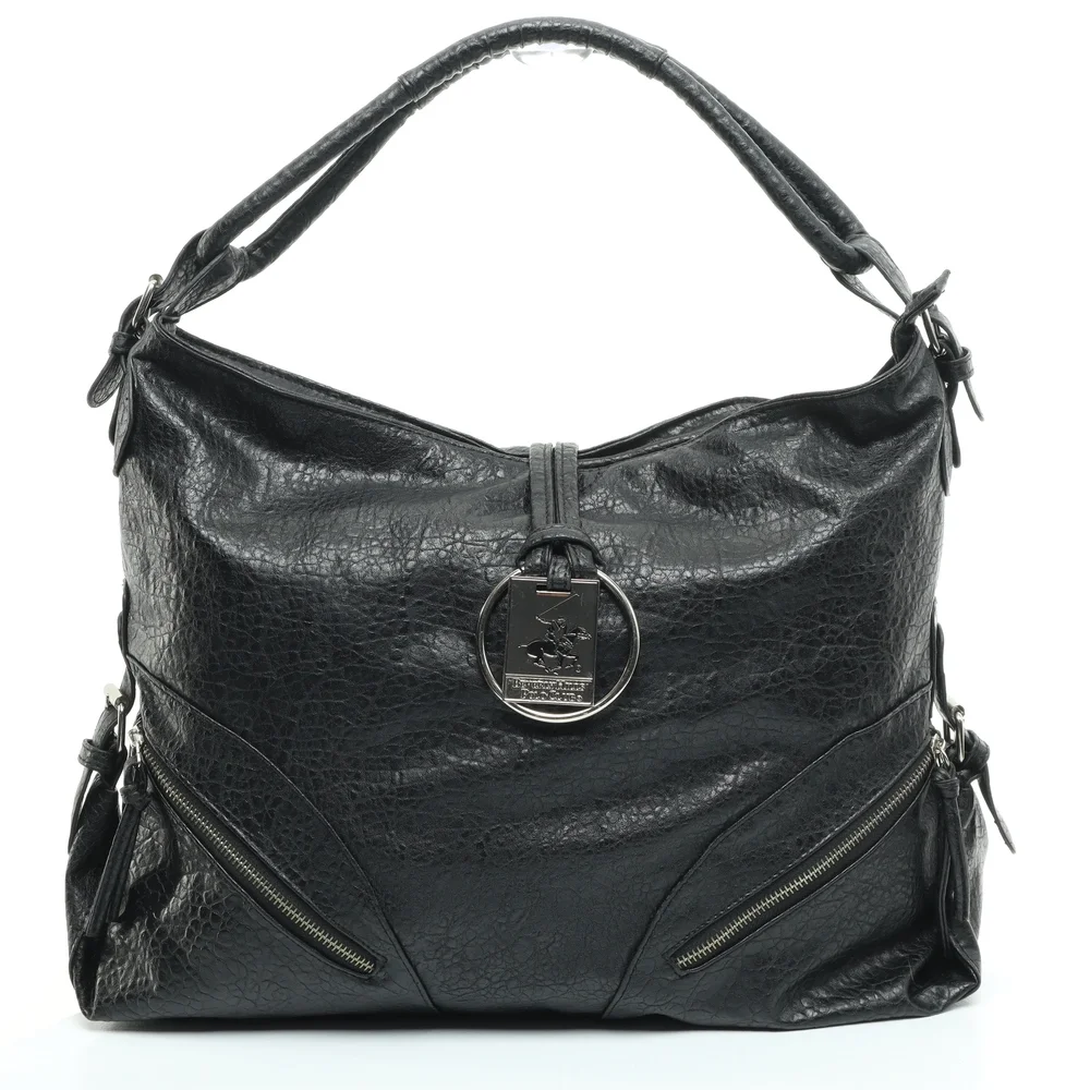 Beverly Hills Polo Club Shoulder Purse Faux Leather Hobo Bag17x13x4 Black/Silver